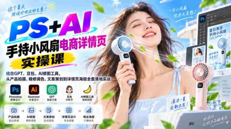PS+AI手持小风扇电商详情页实操课|结合GPT、豆包、AI修图工具,从产品拍摄、精修调色、文案策划到详情页海报全套落地实战-一起发