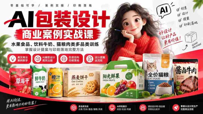 AI包装设计商业案例实战课:水果食品、饮料牛奶、猫粮肉类多品类训练,掌握设计提案与印刷落地完整方法-一起发