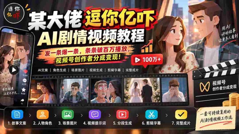 某大佬逗你亿吓AI低模剧情视频制作教程:发一条爆一条,条条破百万播放,利用视频号创作者分成变现!-一起发