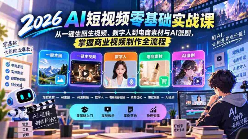 (20263期)2026AI短视频零基础实战课:从一键生图生视频、数字人到电商素材与AI漫剧,掌握商业视频制作全流程-一起发