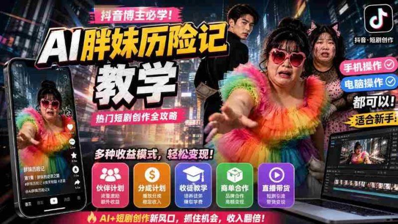抖音博主的AI胖妹历险记教学,伙伴计划+分成计划+收徒+商单等多种收益,适合新手,手机电脑都可以操作-一起发
