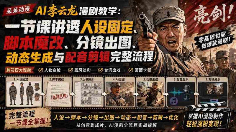 （20107期）呆呆动漫AI李云龙漫剧教学：一节课讲透人设固定、脚本魔改、分镜出图、动态生成与配音剪辑完整流程-一起发