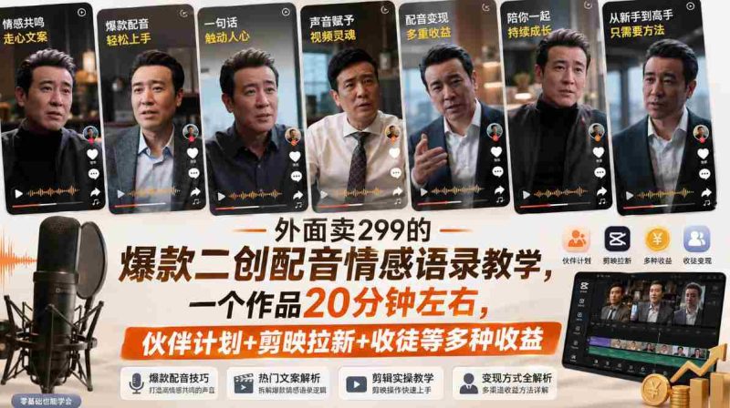 外面卖299的爆款二创配音情感语录教学,一个作品20分钟左右,伙伴计划+剪映拉新+收徒等多种收益-一起发