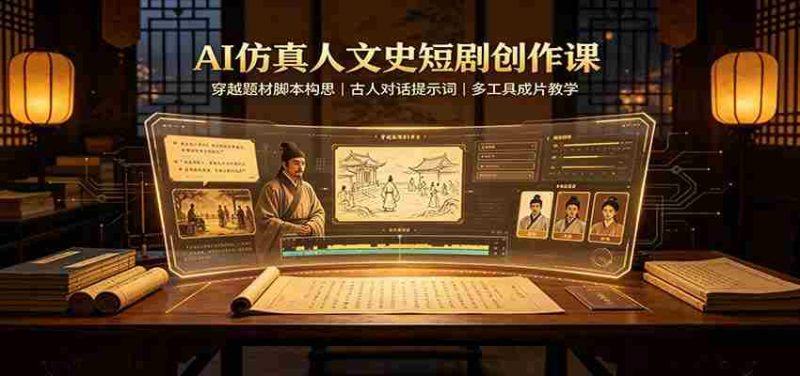 AI仿真人文史短剧创作课:穿越题材脚本构思,古人对话提示词,多工具成片教学-一起发
