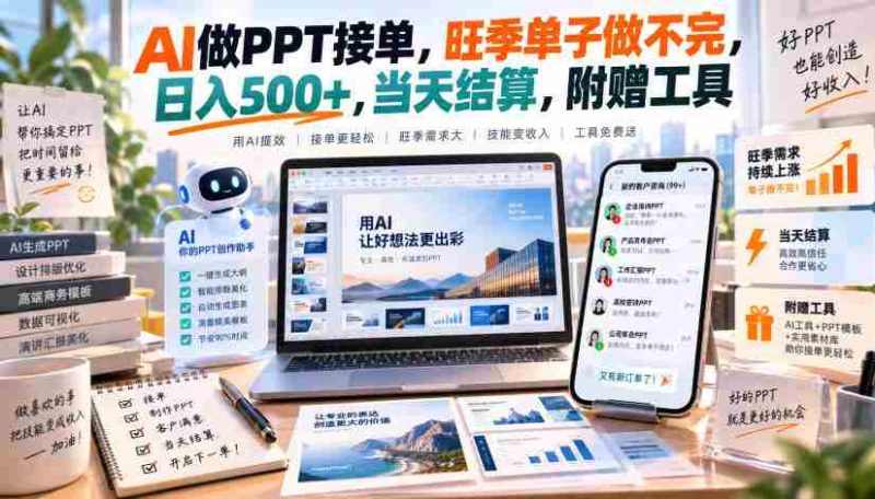 AI做PPT接单，旺季单子做不完，日入500+，当天结算，附赠工具【揭秘】-一起发