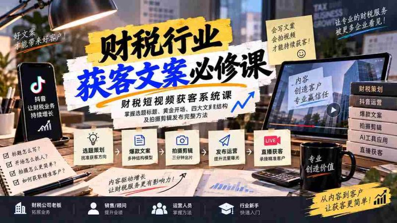 短视频财税引流秘籍:精准选题与标题,开场吸睛技巧,文案四大架构解析及拍摄剪辑发布全攻略-一起发