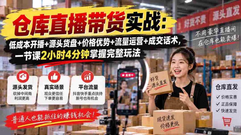 仓库直播带货实战:低成本开播+源头货盘+价格优势+流量运营+成交话术,一节课2小时4分钟掌握完整玩法-一起发