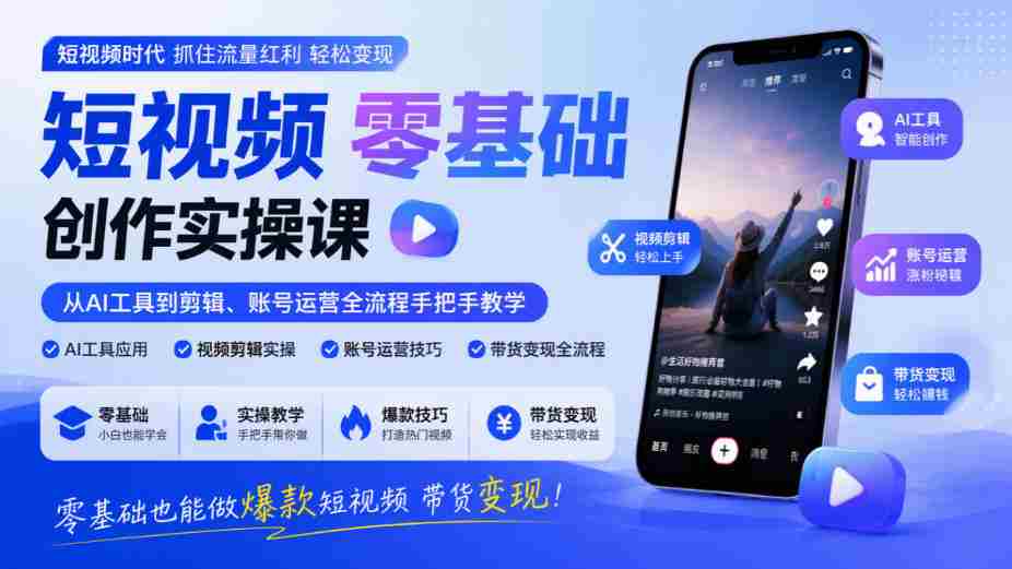 短视频零基础创作实操课,从AI工具到剪辑、账号运营全流程手把手教学,零基础也能做爆款短视频带货变现