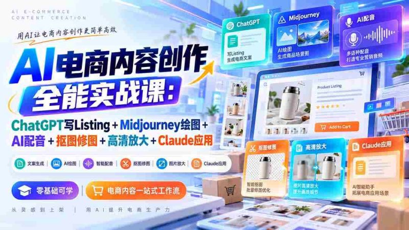 零水印】全方位AI电商内容制作课程:运用ChatGPT撰写商品描述+Midjourney绘制插图+AI配音技术+图像剪辑与修饰+高清图像处理+Claude应用技巧-一起发