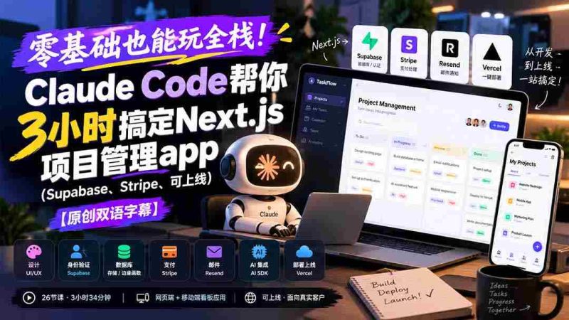 零基础也能玩全栈!Claude Code帮你3小时搞定Next.js项目管理app(Supabase、Stripe、可上线)【原创双语字幕】-一起发