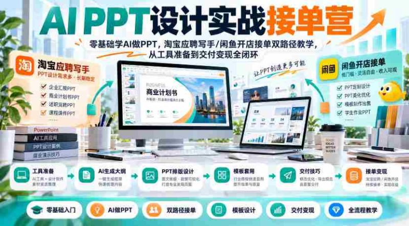 AI PPT设计实战训练营:新手也能轻松驾驭AI制作PPT,揭秘淘宝写手和闲鱼店铺双通道,全流程指导从工具使用到成果变现-一起发
