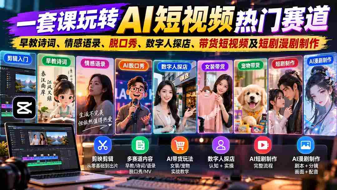 一套课玩转AI短视频热门赛道：早教诗词、情感语录、脱口秀、数字人探店、带货短视频及短剧漫剧制作  复制标题-一起发
