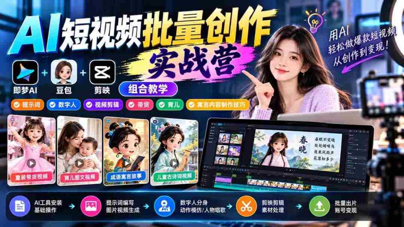 零水印】AI短视频制作大师班:梦工厂+豆包创意+剪映三合一,解锁提示词、数字人、剪辑、带货、育儿、寓言全攻略-一起发