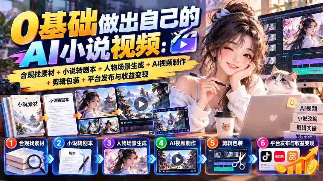 从零开始打造专属AI小说视频：合法搜集素材，小说改编剧本，塑造人物场景，AI视频创作，剪辑与包装，平台发布及收益转化-一起发