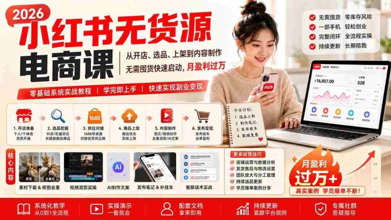 10月18日更新!小红书电商课程揭秘:无库存开店、精选商品上架,零粉丝也能月入过万-一起发