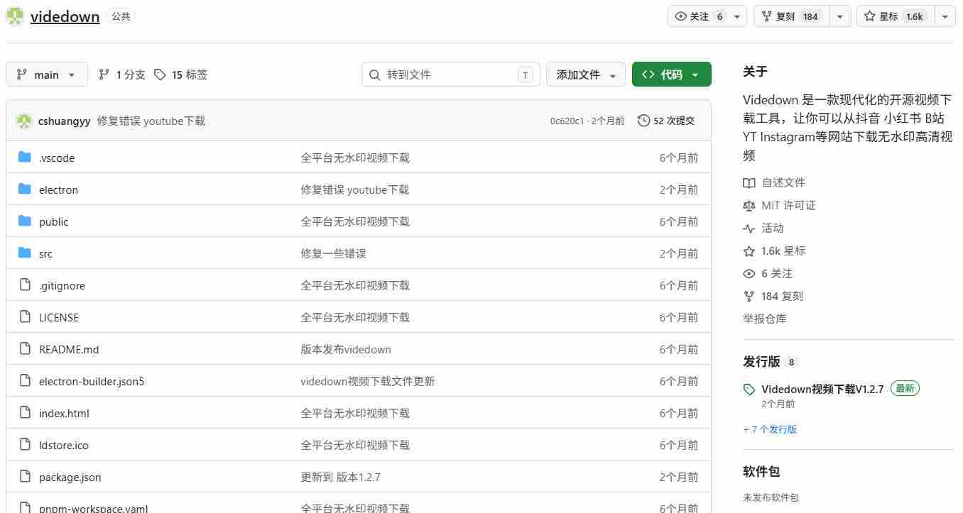 GitHub上1.6k stars开源下载器,界面清爽免费用,小红书某音B站youtube视频一键保存Videdown