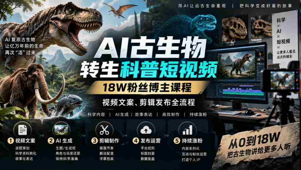 AI古生物转生科普短视频,18W粉丝博主课程,视频文案、剪辑发布全流程