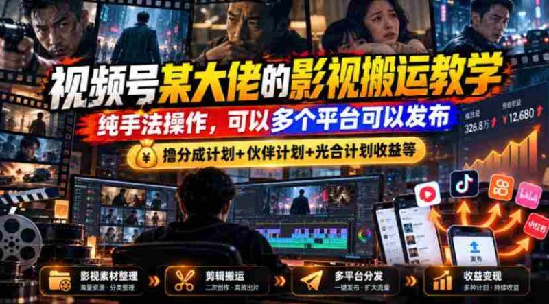 视频号某大佬的影视搬运教学,纯手法操作,可以多个平台可以发布,撸分成计划+伙伴计划+光合计划收益等-一起发