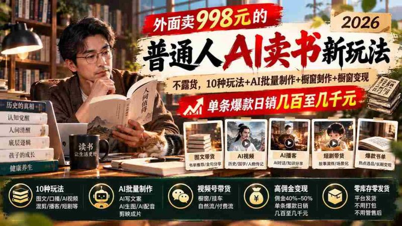 2026年AI助力:998元门槛下的AI卖书革命,无需露脸囤货,多模式创收,AI批量打造爆款,每日销售额轻松破百上千-一起发