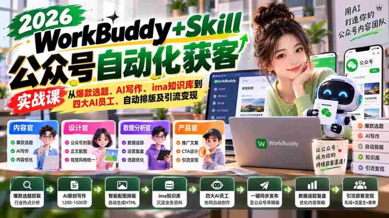 探索WorkBuddy+Skill公众号高效吸粉秘诀:爆款选题挖掘、AI创作、智能知识库构建,四大AI助手助力,自动排版与流量变现攻略-一起发