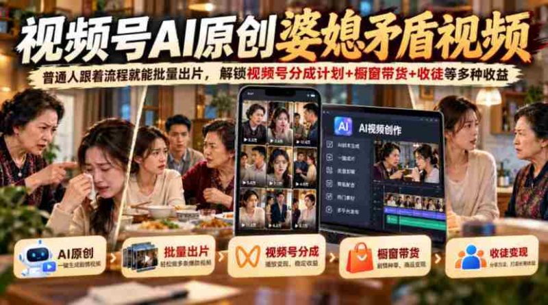 婆媳矛盾题材短视频AI制作，轻松上手批量制作，揭秘视频号多元盈利策略：分成分成+橱窗带货+徒弟招募-一起发