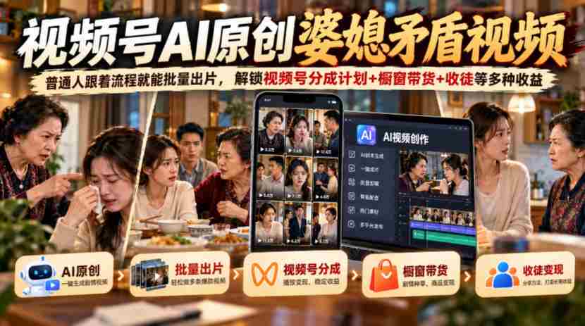 视频号ai原创婆媳矛盾视频,普通人跟着流程就能批量出片,解锁视频号分成计划+橱窗带货+收徒等多种收益
