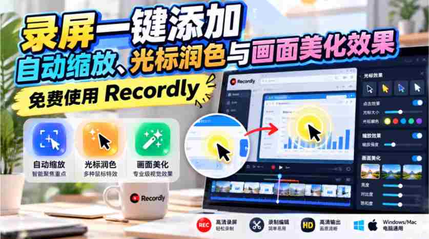 录屏一键添加自动缩放、光标润色与画面美化效果,免费使用Recordly