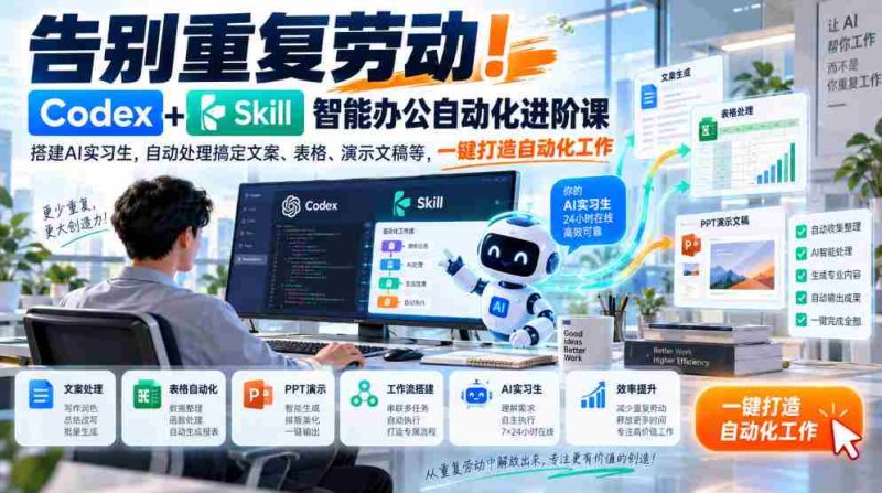 智能办公新篇章:Codex+Skill自动化课程助你摆脱繁琐,AI实习生轻松搞定文案、表格、演示文稿,一键实现高效工作流-一起发
