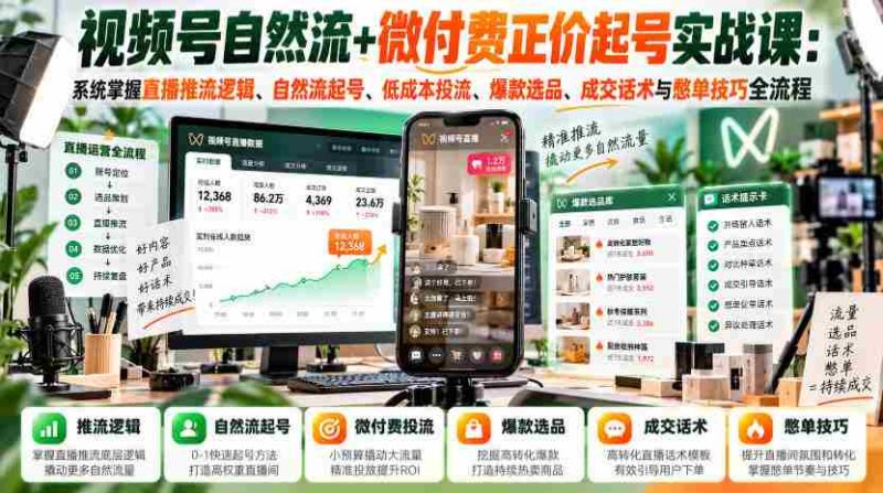 视频号自然流+微付费正价起号实战课:系统掌握直播推流逻辑、自然流起号、低成本投流、爆款选品、成交话术与憋单技巧全流程-一起发