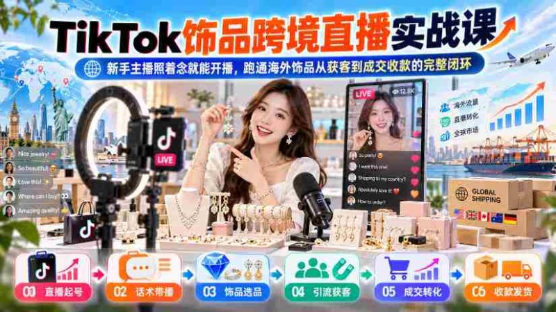TikTok饰品跨境直播实战课,新手主播照着念就能开播,跑通海外饰品从获客到成交收款的完整闭环-一起发
