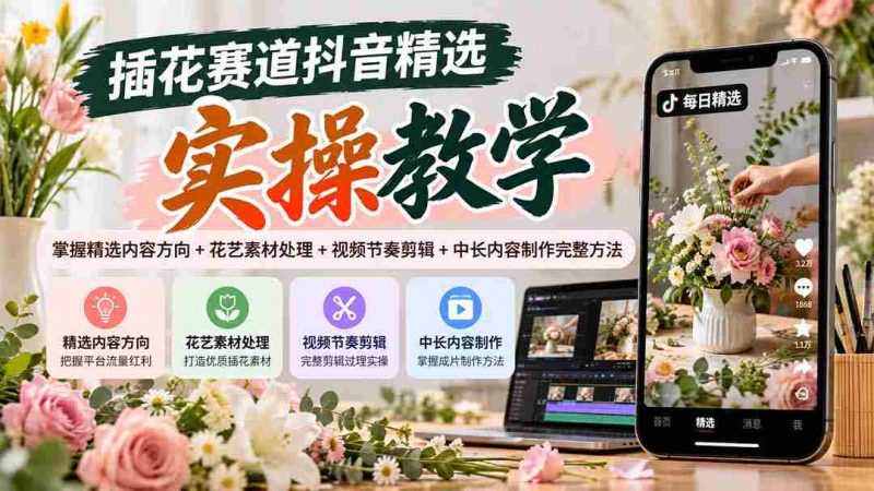 抖音插花教程:解锁内容选优+素材运用+视频剪辑技巧+中长内容创作全攻略-一起发