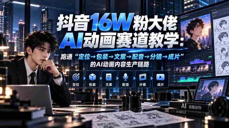 抖音16W粉大佬规则门禁AI动画赛道教学:跑通“定位→包装→文案→配音→分镜→成片”的AI动画内容生产链路-一起发