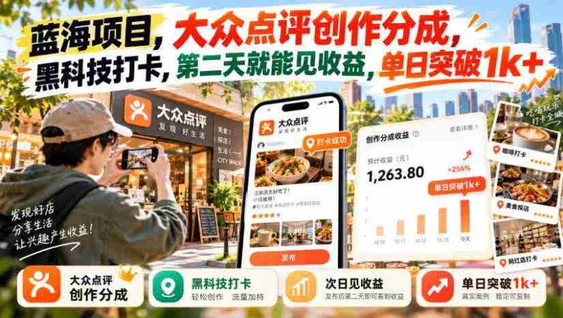 探秘蓝海商机:大众点评内容创作分成,创新黑科技打卡,次日盈利轻松过千-一起发