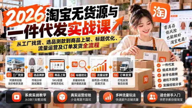 2026年淘宝无库存操作指南:揭秘从货源直击工厂、商品精选测款到上架推广、标题精修、流量引流及订单配送全攻略-一起发