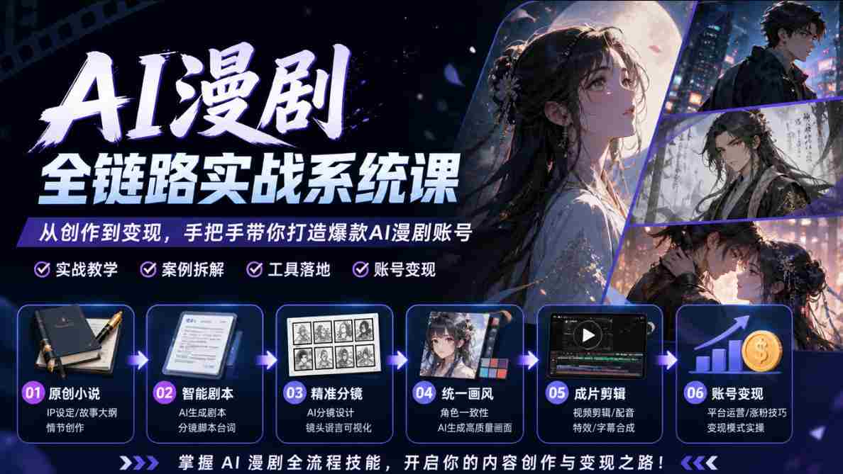 AI漫剧全链路实战系统课|原创小说、智能剧本、精准分镜、统一画风、成片剪辑、账号变现实操教学