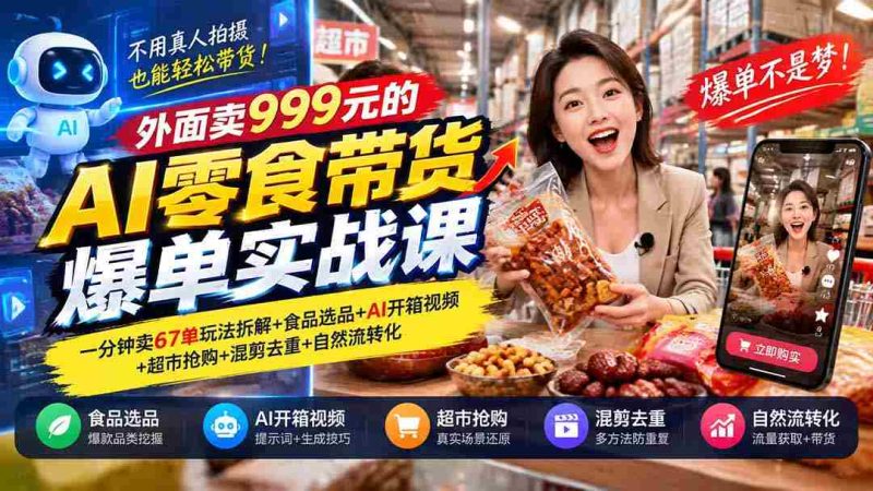 揭秘999元AI零食带货课程:67单/分钟销售秘诀+精选食品+AI开箱演示+超市抢购技巧+混剪去重+高效转化策略-一起发