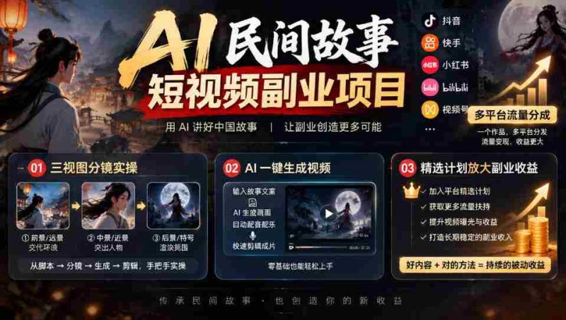 AI赋能短视频创作:民间故事新领域,多平台共享流量,三视图分镜教学,精选方案助力副业收益倍增-一起发