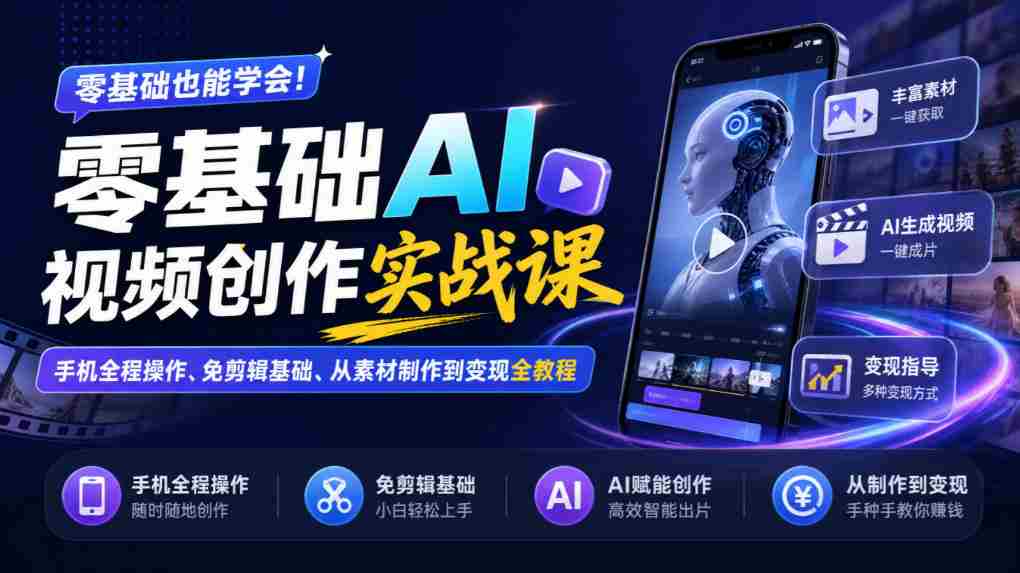 手机端零起点AI视频制作攻略：无剪辑入门，素材制作至盈利全流程教学-一起发