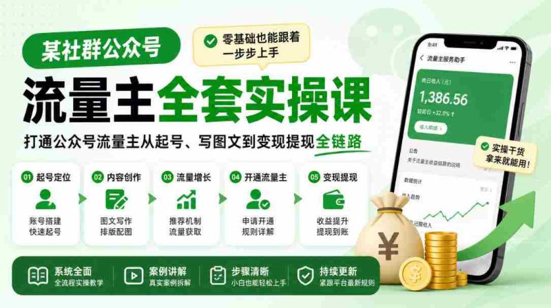 轻松掌握公众号流量主全流程,新手也能轻松入门,从账号注册到图文创作,再到盈利提现,一站式实操教程!-一起发