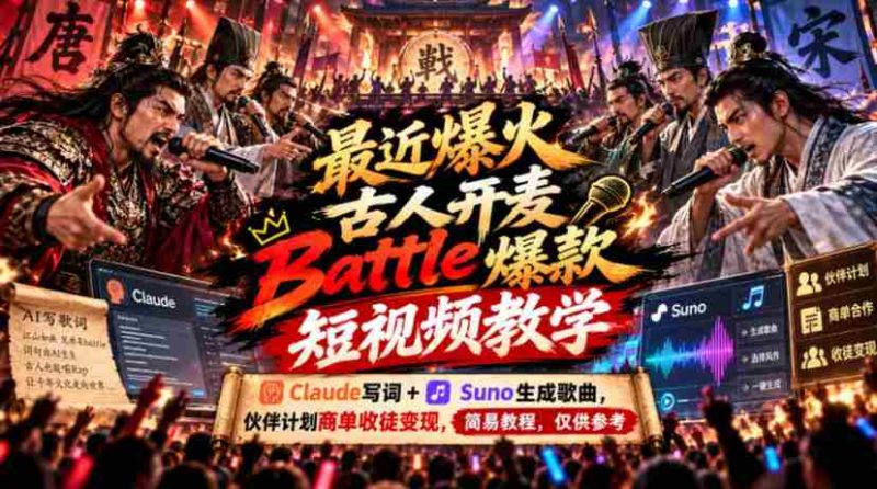 最新爆款短视频教学:古人开麦Battle,Claude创作歌词+Suno打造音乐,伙伴计划签约收徒,轻松变现,简易攻略分享-一起发