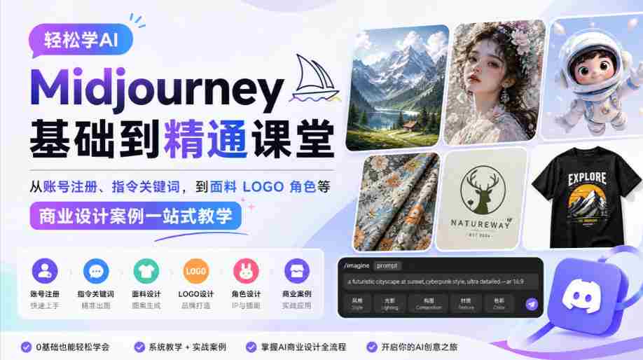 轻松学AI Midjourney基础到精通课堂,从账号注册、指令关键词,到面料LOGO角色等商业设计案例一站式教学