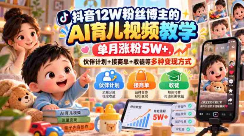 抖音12W粉丝博主的AI育儿视频教学,单月涨粉5W+,伙伴计划+接商单+收徒等多种变现方式-一起发