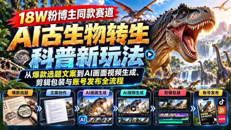 18W粉博主同款赛道-AI古生物转生科普新玩法:从爆款选题文案到AI画面视频生成、剪辑包装与账号发布全流程-一起发
