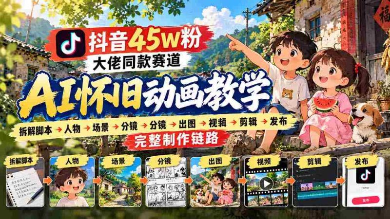抖音45W粉大佬同款赛道AI怀旧动画教学:拆解脚本→人物→场景→分镜→出图→视频→剪辑→发布完整制作链路-一起发