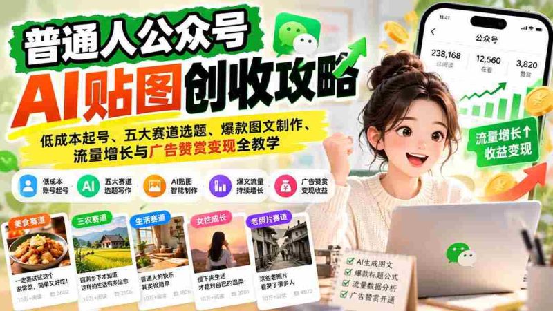 普通人公众号AI贴图创收攻略:低成本起号、五大赛道选题、爆款图文制作、流量增长与广告赞赏变现全教学-一起发