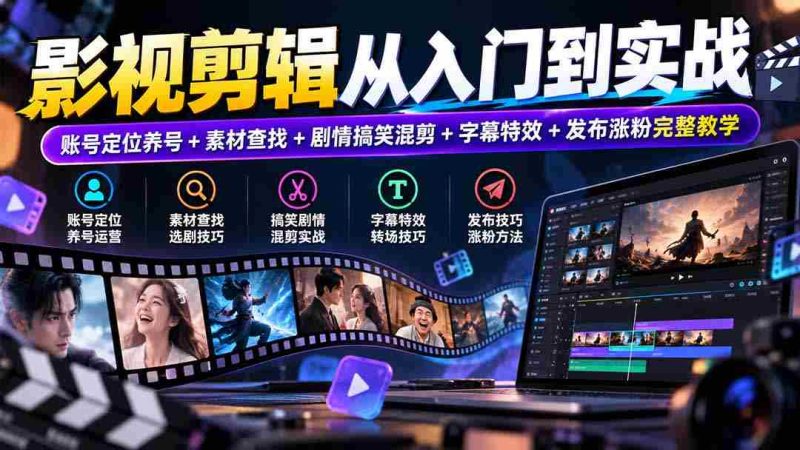 影视剪辑从入门到实战:账号定位养号+素材查找+剧情搞笑混剪+字幕特效+发布涨粉完整教学-一起发