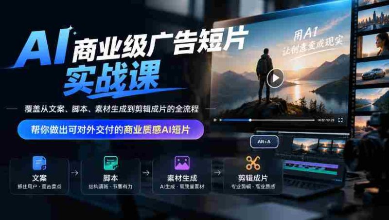AI商业级广告短片实战课,覆盖从文案、脚本、素材生成到剪辑成片的全流程,帮你做出可对外交付的商业质感AI短片-一起发