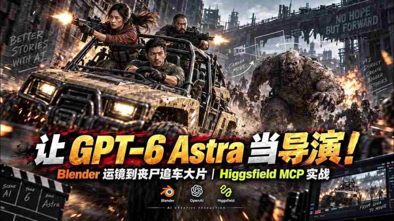 【无水印】让 GPT-6 Astra 当导演!Blender 运镜到丧尸追车大片|Higgsfield MCP 实战-一起发