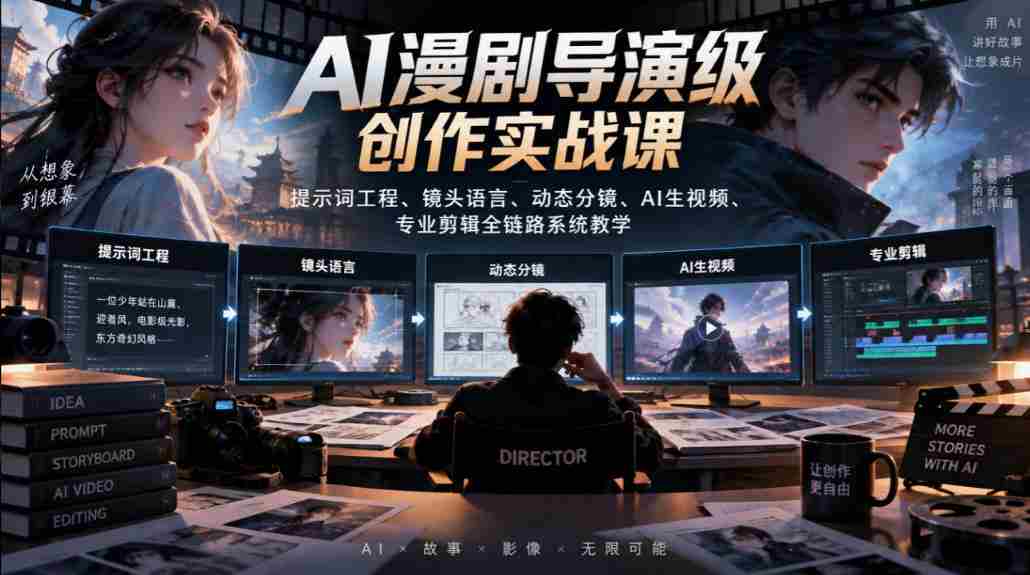 AI漫剧导演级创作实战课｜提示词工程、镜头语言、动态分镜、AI生视频、专业剪辑全链路系统教学-一起发