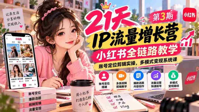 【无水印】21天IP流量增长营-第3期,小红书全链路教学,账号定位剪辑实操,多模式变现系统课-一起发